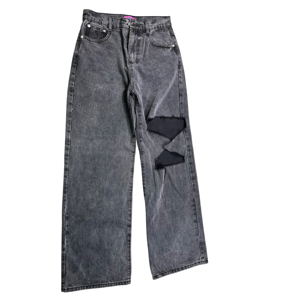 Edikted Black Acid Wash Wide Leg Distressed Cutout Jeans Size Medium